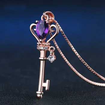 Natural Amethyst 925 Silver Mosaic Zircon Key Pendant Trendy Chain Necklace Fashion Charm Personality Jewelry Accessories