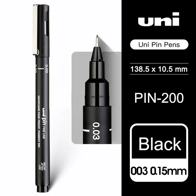 2 шт., ручка для рисования UNI, игла для рисования, для студентов, для рисования, крючок, ручка, штырь-200, водостойкая, для рисования, штрих, для рисования, дизайн линии, черная ручка - Цвет: 0.15mm black