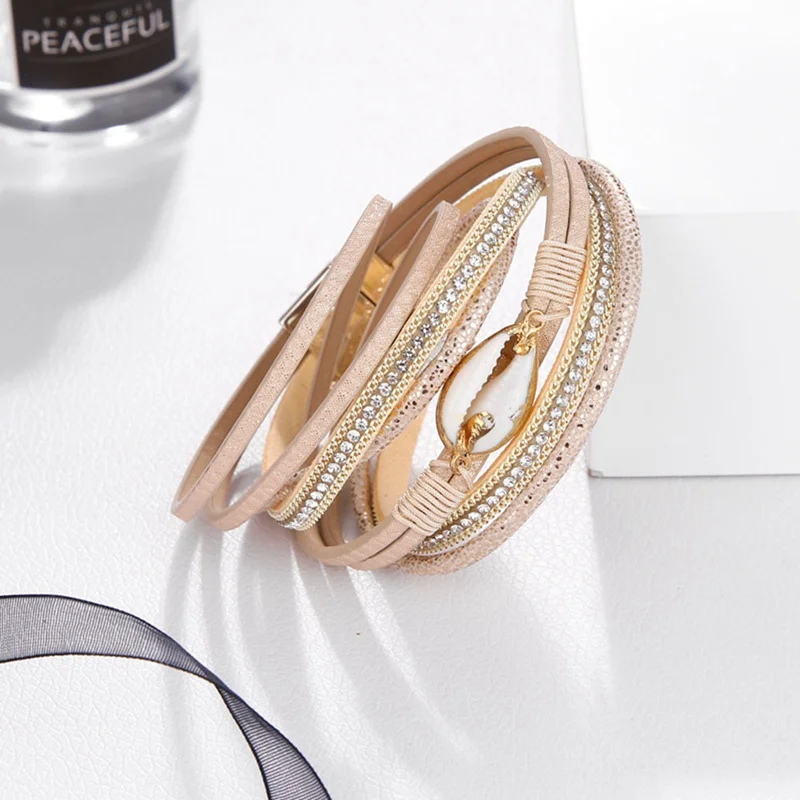 Boho Multi Layers Leather Bracelet Fashion Crystal Stone Shell Charm Bracelets For Women's Jewelry