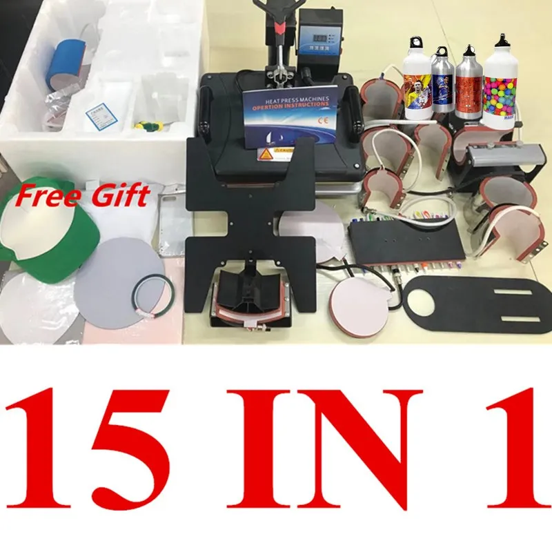 Online 15 En 1 Combo multifunción sublimación máquina de prensa de calor T shirt impresora de transferencia de calor para taza tapa fútbol botella pluma zapato