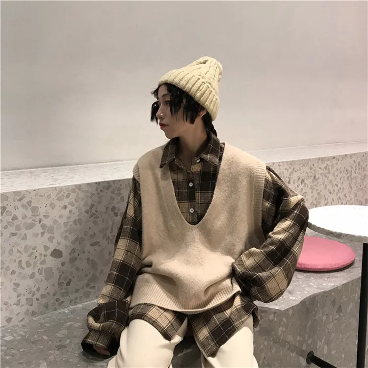 Harajuku Stylw шикарный Однотонный свитер жилет для колледжа для женщин на улице осень/зима ветер v-образным вырезом жилет клетчатая рубашка куртка