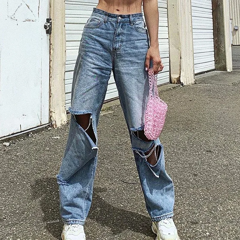 BOOFEENAA с высокой талией рваные джинсы женская уличная одежда Джинсы бойфренда для женщин джинсовые прямые широкие брюки C67-BA08