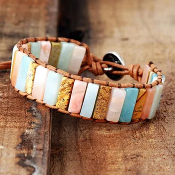 Woman Boho Bracelets Tube Shape Natural Stones Single Leather Wrap Bracelet Semi Precious Stone Beaded Cuff Bracelet Dropship