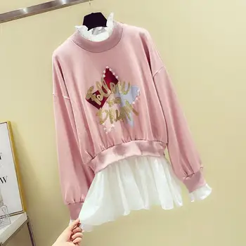 

MUMUZI 2020 new loose long-sleeved fake two pieces set handmade beaded sweatshirts BF hit color ruffles shirts