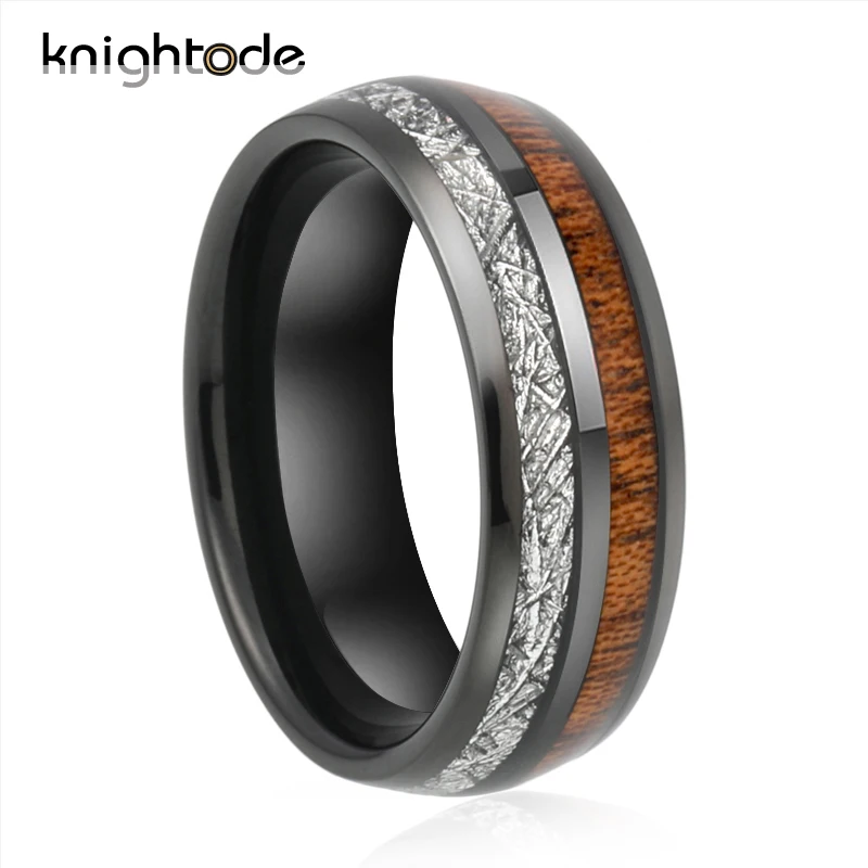 

8mm Black Tungsten Wedding Ring Men Women Nature Koa Meteorite/Wood Inlay Dome Band Gift Anniversary Rings