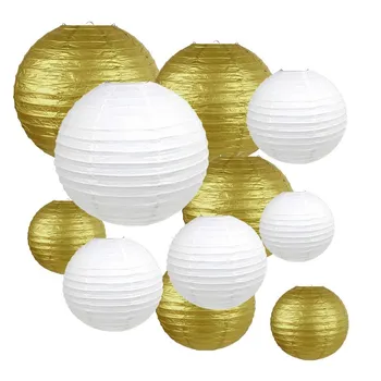 

12Pcs Mixed Size 8"10"12" Gold and White Paper Lanterns Hanging Paper Lanterns for Party Decorations