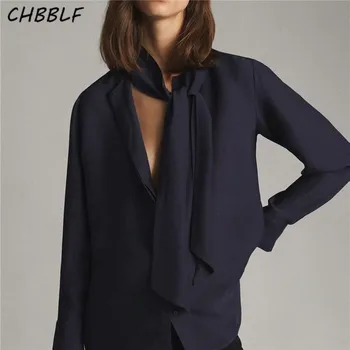 

CHBBLF women casual blouse bow tie collar long sleeve single breaste female fashion solid color loose chic tops XDN9132
