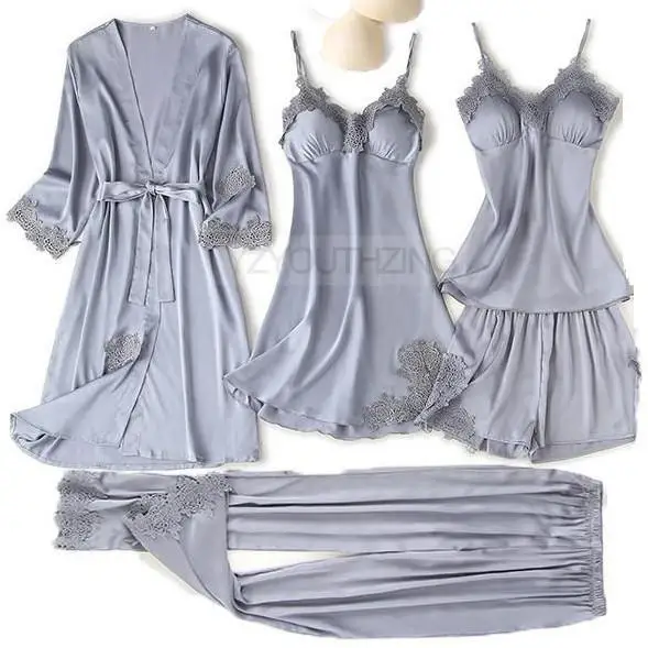 Pajama Set Women Lace Trim Satin Sleepwear Pyjamas Pour Femme Summer Nightwear With Pants Casual Home Wear Kimono Robe Gown PJS Gray A