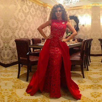 

Custom Red Party vestidos de festa Robe de soiree Cheap Lace Long Prom gown With Detachable Skirt Mother of the Bride Dresses