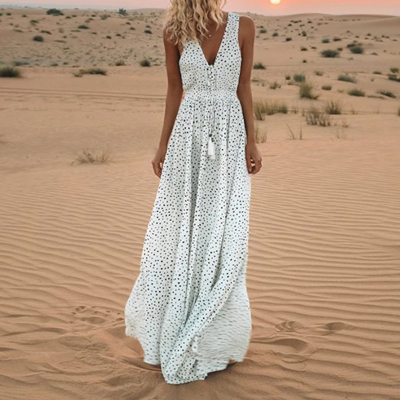 

Women Polka Dot Print V Neck Dress Summer Sexy Beach Boho Dress Sleeveless Maxi Long Dresses Lace Up Vintage Dress
