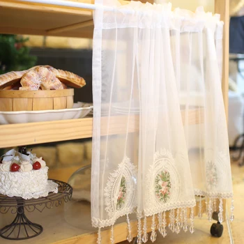 

European rose embroidery crystal beads fringed short curtain American country white lace curtain for kitchen window decor 021#4