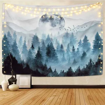 

Foggy Forest Mountain Tapestry Wall Hanging Natural Scenery Hippie Tapestry Cloth Backdrop Art Decor Wall Carpet Thin Sofa Cover