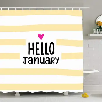 

Shower Curtain Set with Hooks 60x72 Decoration Design Abstract Hello January Yellow Spring Phrase Watercolor White Message