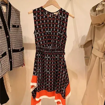 

2020 Spring Summer Women Irregular Skirt Colorblock Print Sleeveless Waist Dress