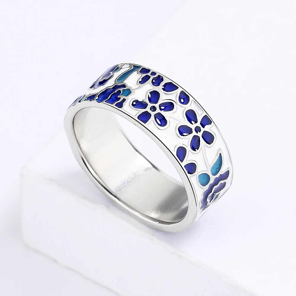 Women's Ring Blue Enamel Flower Ring Handmade Enamel Jewelry Wedding Bridal Fashion
