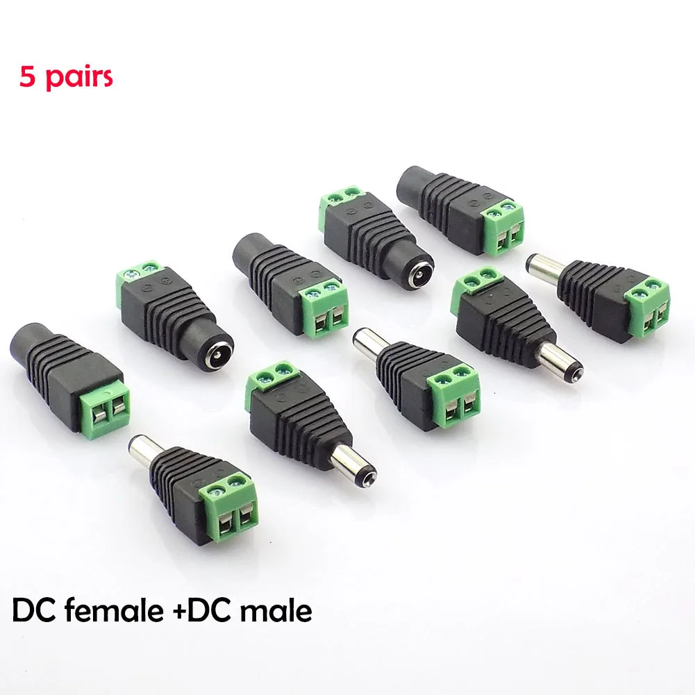 

5 Pair DC Power Male jack plug and DC female Connector plug adapter BNC UTP for CCTV Camera power supply led strips light K09