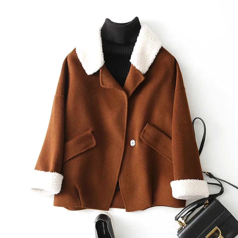 

2020 Autumn Winter 100% Wool Coat Women Double Wool Coats Short Loose Female Jacket Lamb Collar casacos 37114 WYQ1168