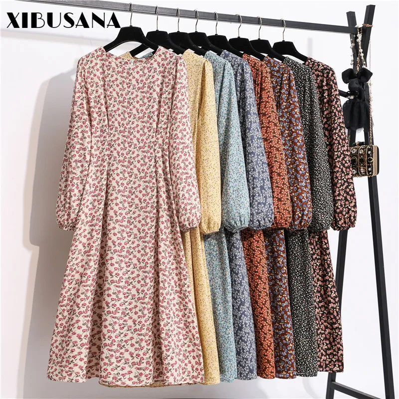 

XIBUSANA 2020 New Floral Printed Chiffon Dress Women Autumn Spring Long-Sleeved O-Neck High Waist Long Dresses Female Vestidos