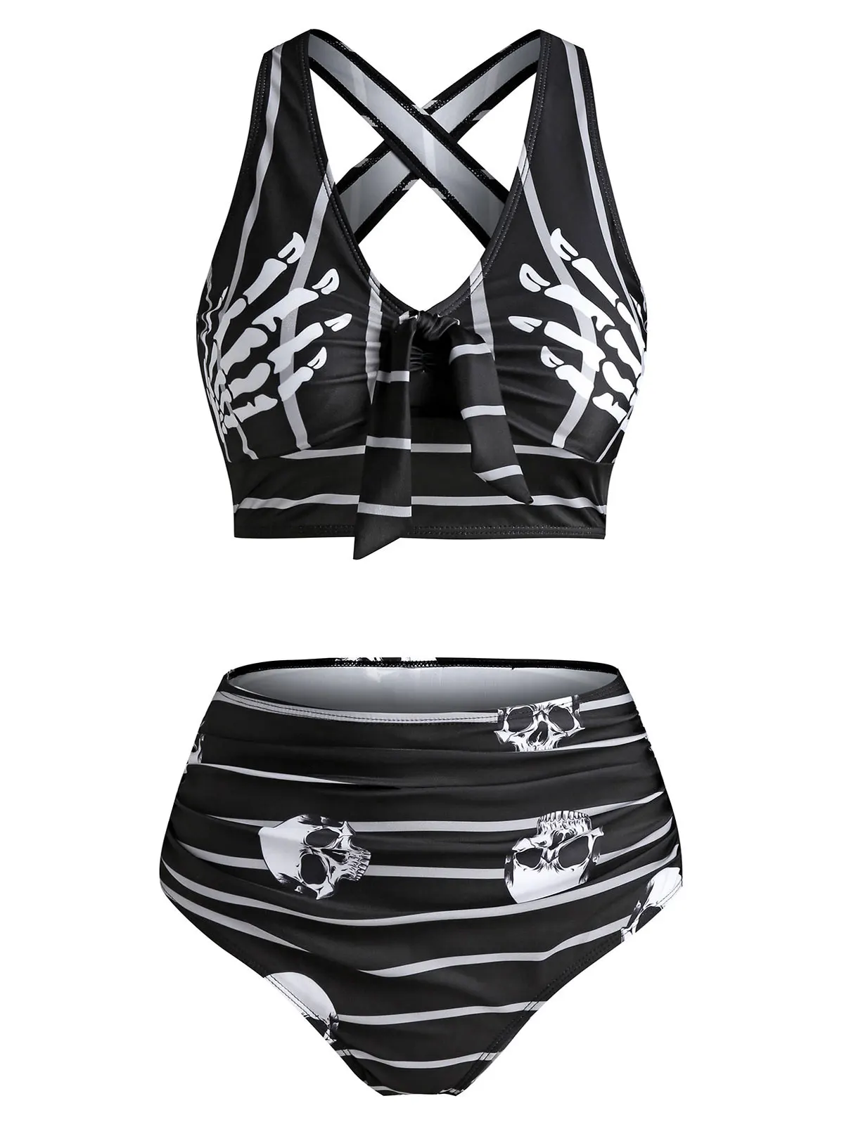 Wipalo Skull Striped Print Knot Front Padded Tankini Set Casual Summer Beach Wear Swimsuit Ladies Two Pieces Bathing Suits | Женская