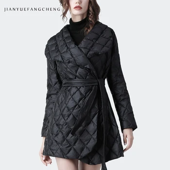 

Fashion Women Down Jacket Winter Black Long Puffer Coat With Belt Crossed Lace-up V-Neck Warm Thicken White Duck Down Jackets