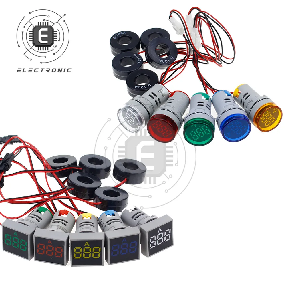 

22MM 0-100A Digital Ammeter Current Meter Gauge Tester Light Indicator Led Lamp Round Square Signal Light AC Amp Monitor