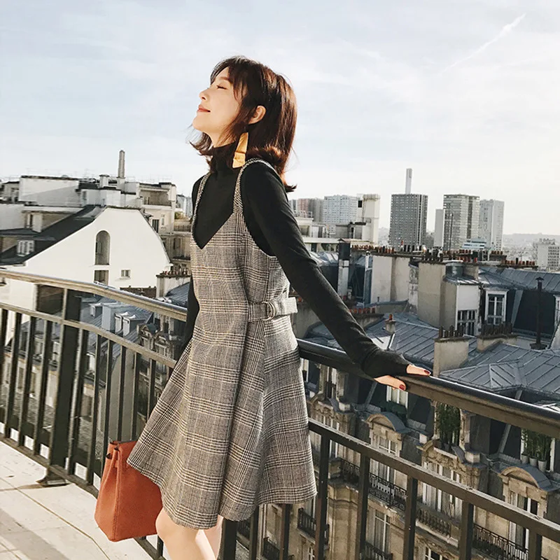 

2019 New Style Korean-style Hipster Suspender Strap Dress Outfit Two-Piece Knitted Graceful Strapped Dress Women's Autumn And Wi