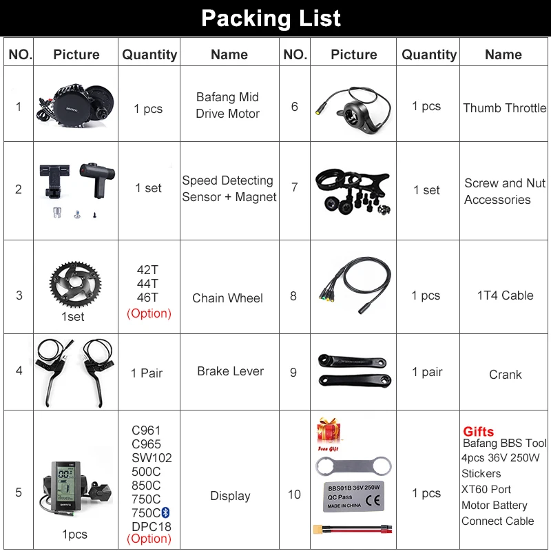 Средний привод двигателя 48 в 1000 Вт 120 мм Bafang 8Fun BBS03 BBSHD комплект для переоборудования электрического велосипеда 42T 44T 46T с 6V Светодиодный светильник подарок