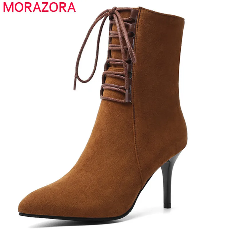 

MORAZORA 2020 new arrival women ankle boots flock pointed toe stiletto high heels shoes lace up zip simple autumn booties woman