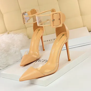 

Women's sandals high heels women's high heels transparent high heel sandals girl belt buckle hollow transparent word sandals