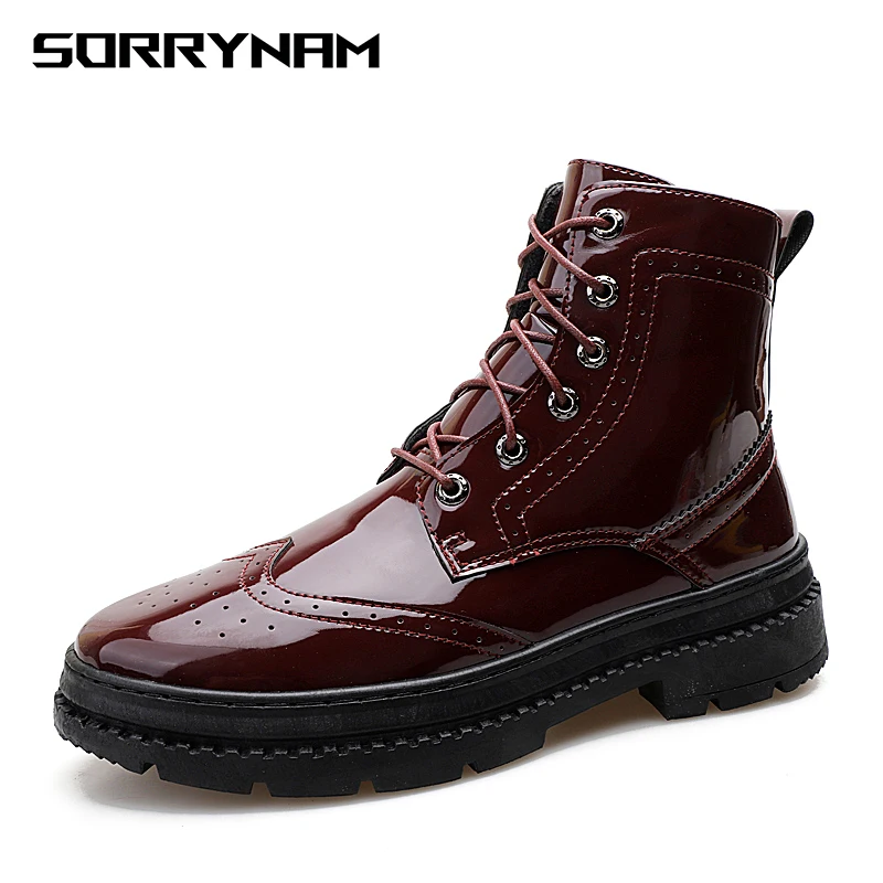 

NEW Men Boots Patent Leather Men Casual Boots Lace-Up Bullock Boots Men Black Spring Autumn Winter Mens Shoes Sorrynam
