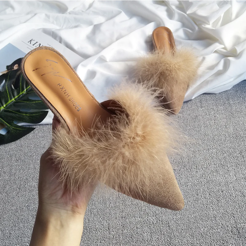 

Shoes Women Women's Slippers 2019 Cover Toe Flock Designer Slides Shallow Pokemon Plush Soft New Flat Luxury Pointed Fur