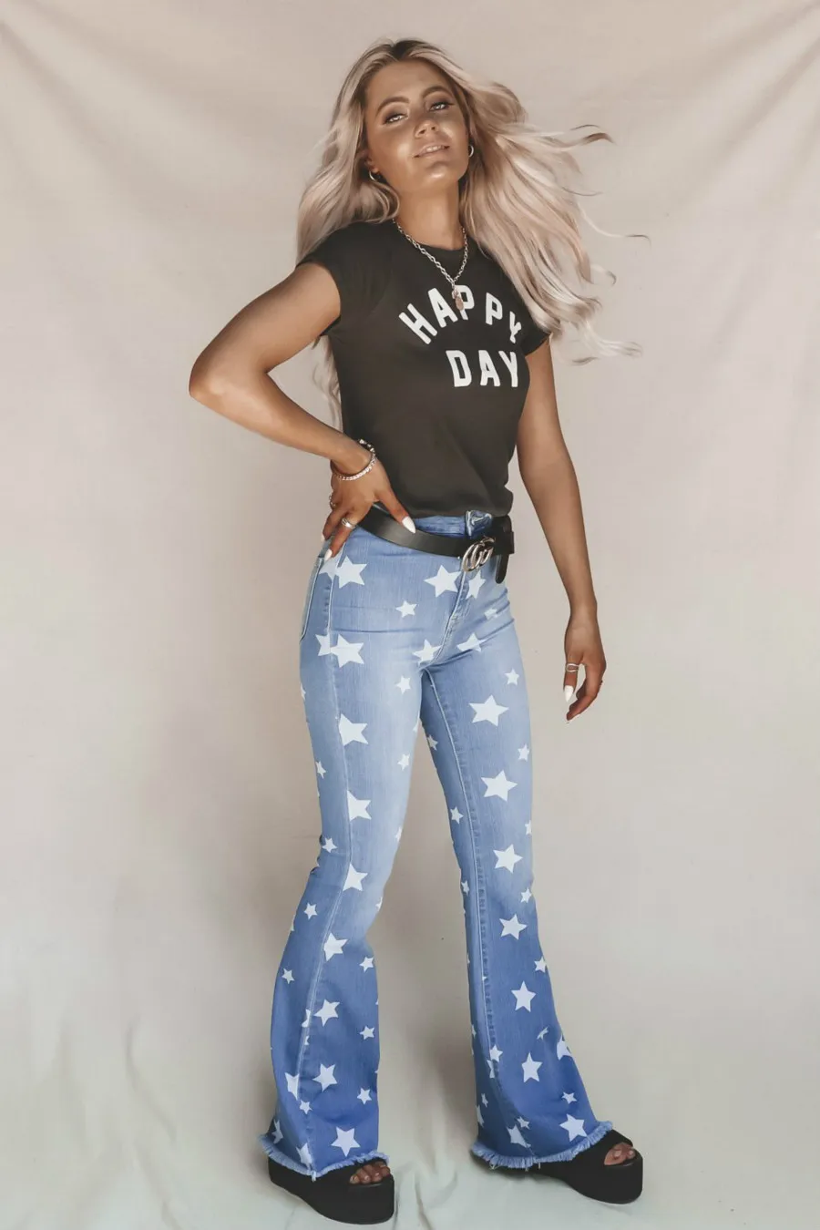 

Women's jeans European and American popular women's full jet printing star jeans