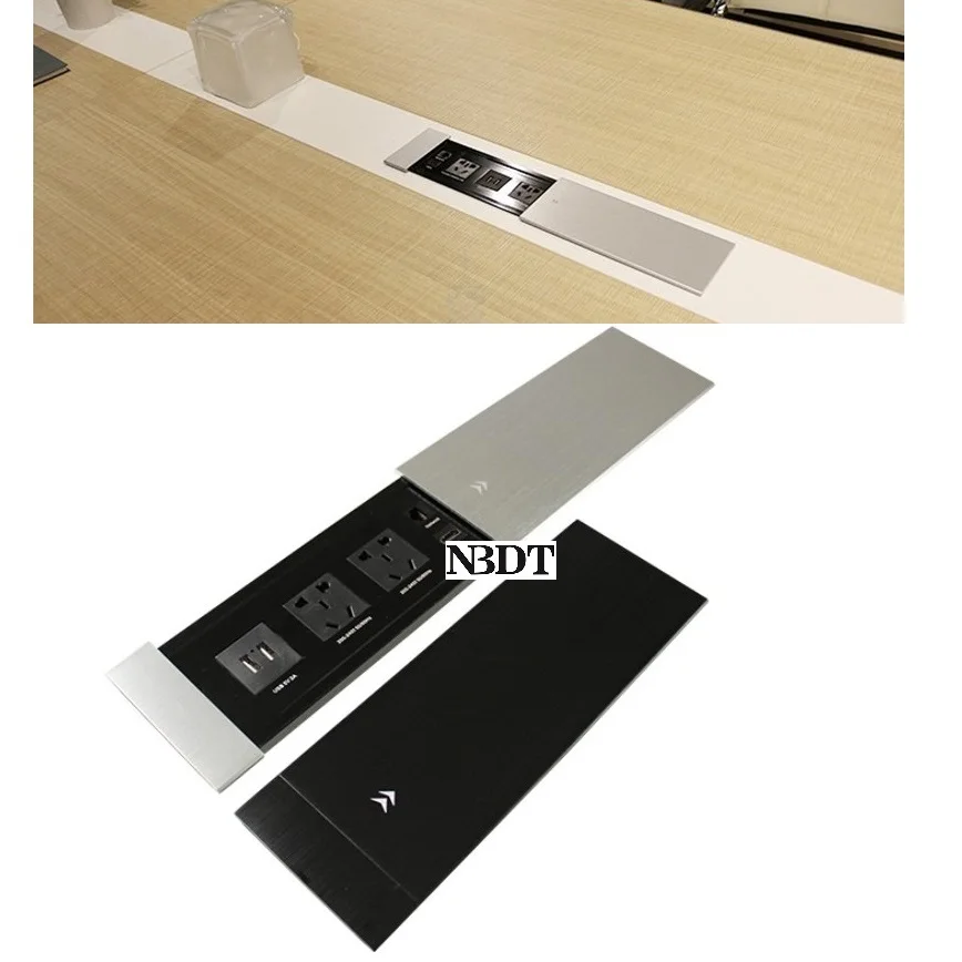 Aluminum Sliding Cover Conceal Wire USB HDMI Socket Grommet Management Organizer Recessed Office Desk Table Silver Black Adaptor afbeelding