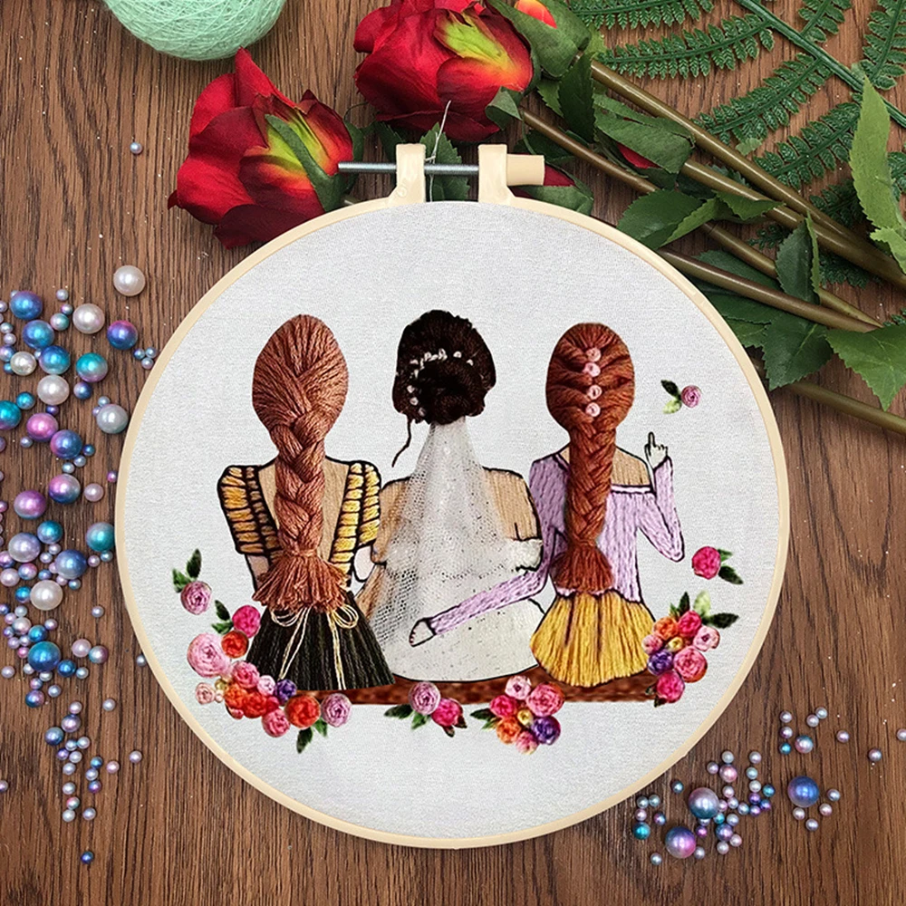 Cute Girls Embroidery Kit Hoop DIY Cross Stitch kit Ribbon