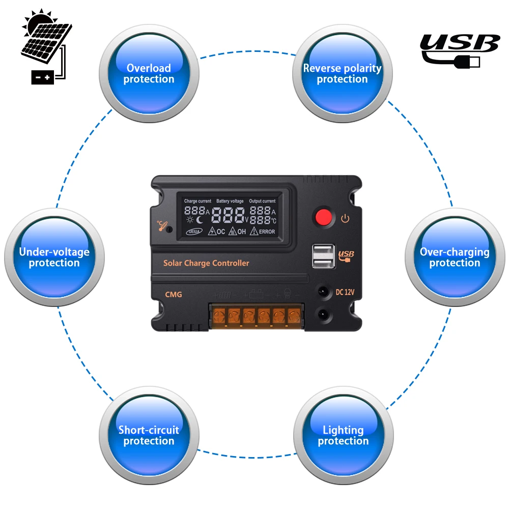 

Hot 10/20A Solar Charge Controller Panel Battery Regulator Auto Switch Overload Protection Temperature Compensation Solar Contro