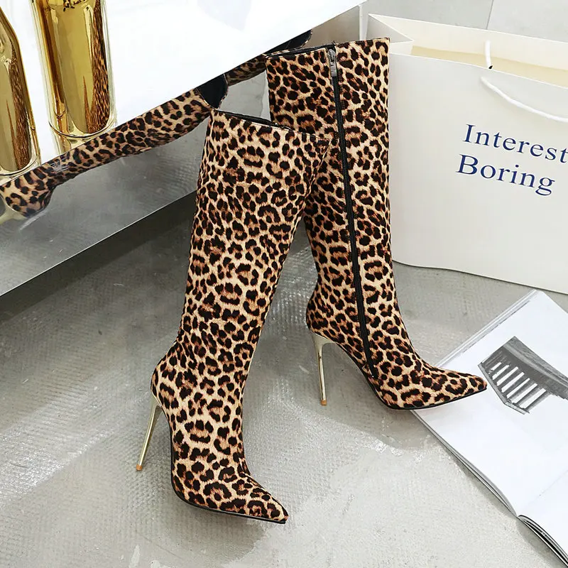 Women Fashion Snake Print Pu Leather Knee High Boots High Heel Long Boots Pointed Toe Zipper Autumn Boots Winter Plush Shoes