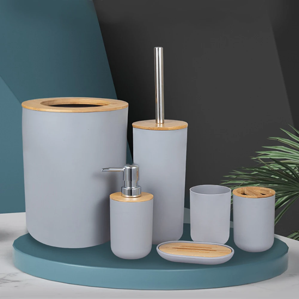 

Bamboo Plastic 6Pcs/Set Toothbrush Cup Holder Trash Can Toilet Brush Lotion bottle Bathroom Storage Set Soap Dispenser Box