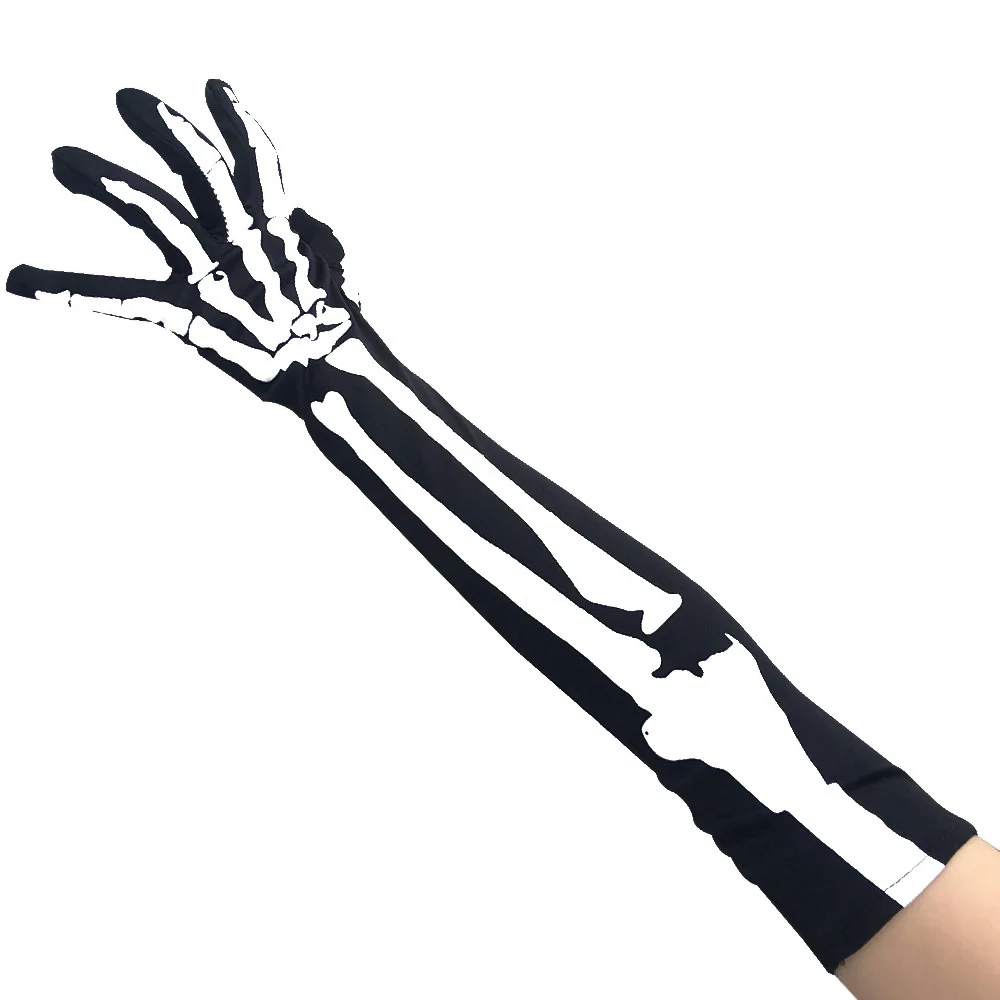Skeleton Print Cool Women Opera Length Nylon Glove 2020 Halloween Lady Gothic Hipster Punk Mittens Scare Props Gloves 50*10 cm