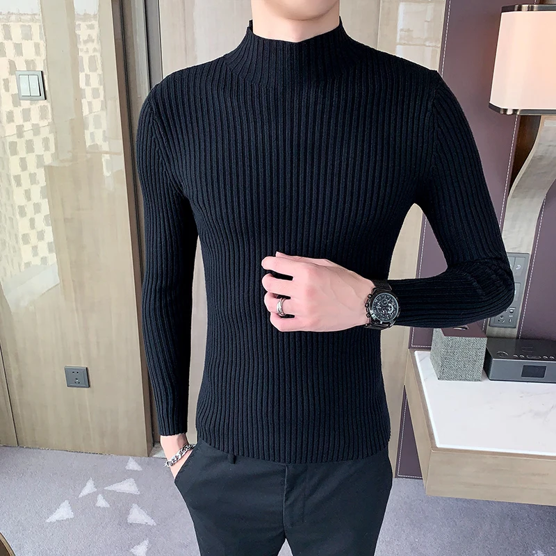 Зимний теплый свитер с высоким горлом, Мужская водолазка, мужские свитера, облегающий пуловер, Мужская однотонная трикотажная одежда размера плюс M-3XL