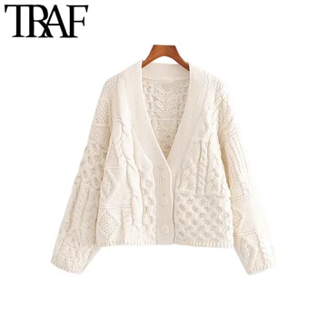 

TRAF Women Vintage Stylish Patchwork Cable Knitted Sweater Fashion V Neck Long Sleeve Female Pullovers Chic Short Style Tops