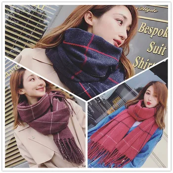 

19 autumn winter Korean Plaid warm scarf for men and women imitation cashmere double-sided medium and long shawl, versatile