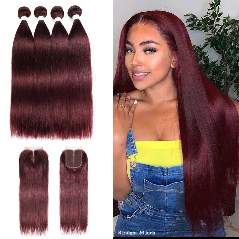 99J/Burgundy Brazilian Straight Human Hair Bundles With Closure 4x4 KEMY HAIR 4PCS Pre-Colored 100% Human Hair Weaving Non-Remy