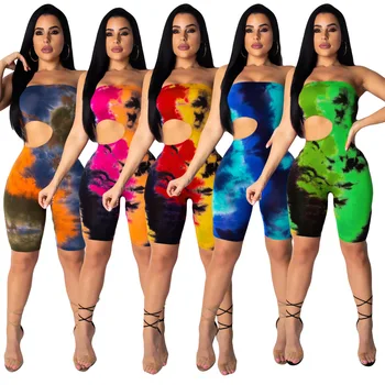 

2020 Summer Women's Jumpsuit European and American Tie-dye Print Sexy Style Model Casual Fashion with a Hole