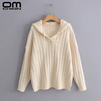 

OMCHION Hooded Women Sweaters And Pullovers 2019 Autumn Winter Solid Twist Knitted Sweater Korean Casual Loose Pullover LMY236
