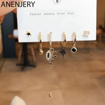 

ANENJERY Blue Eyes Star Hoop Earrings Set Silver Color Gold Color Micro Inlaid Zircon Earring For Women 6-piece Sets