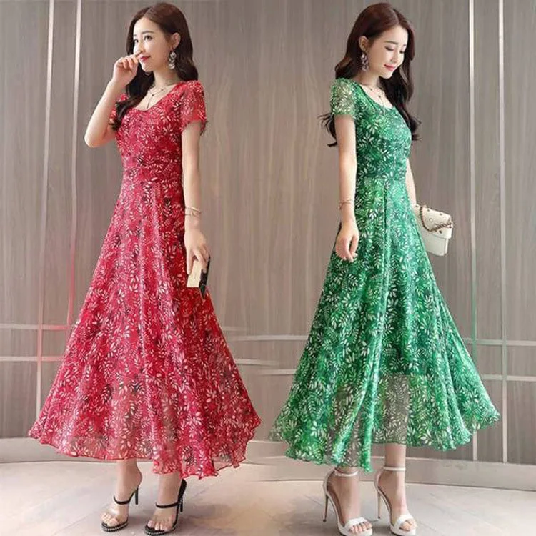 

New Style Pullover Large Size Mom Big Skirt Crew Neck Long Skirts Slim Fit Slimming over-the-Knee Floral Dress Women's Printed