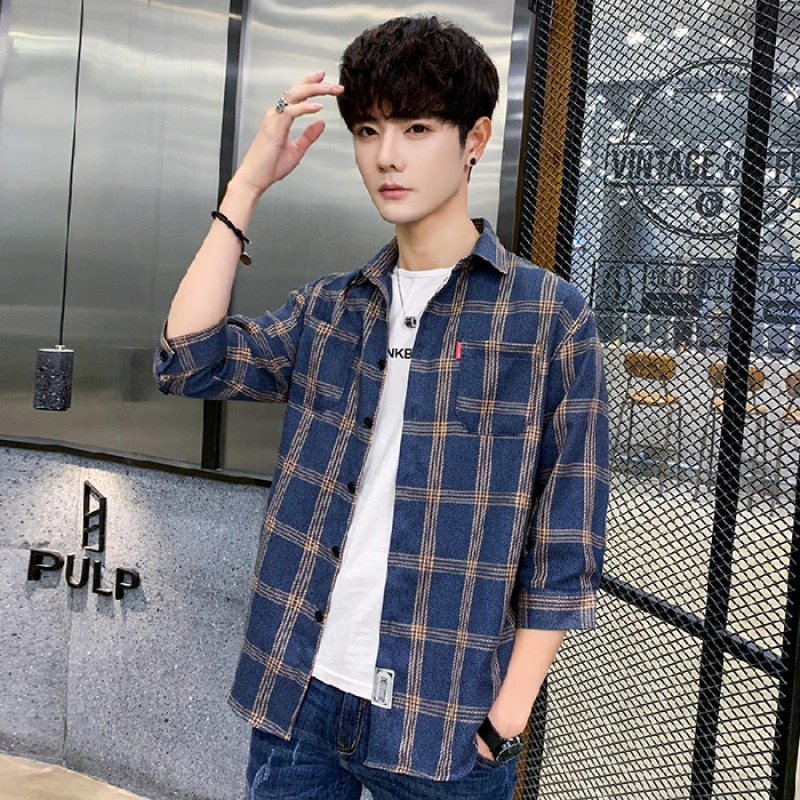

Summer quarter sleeve shirt men's short sleeve Korean version slim and handsome net red student trend Stripe Shirt middle sleeve