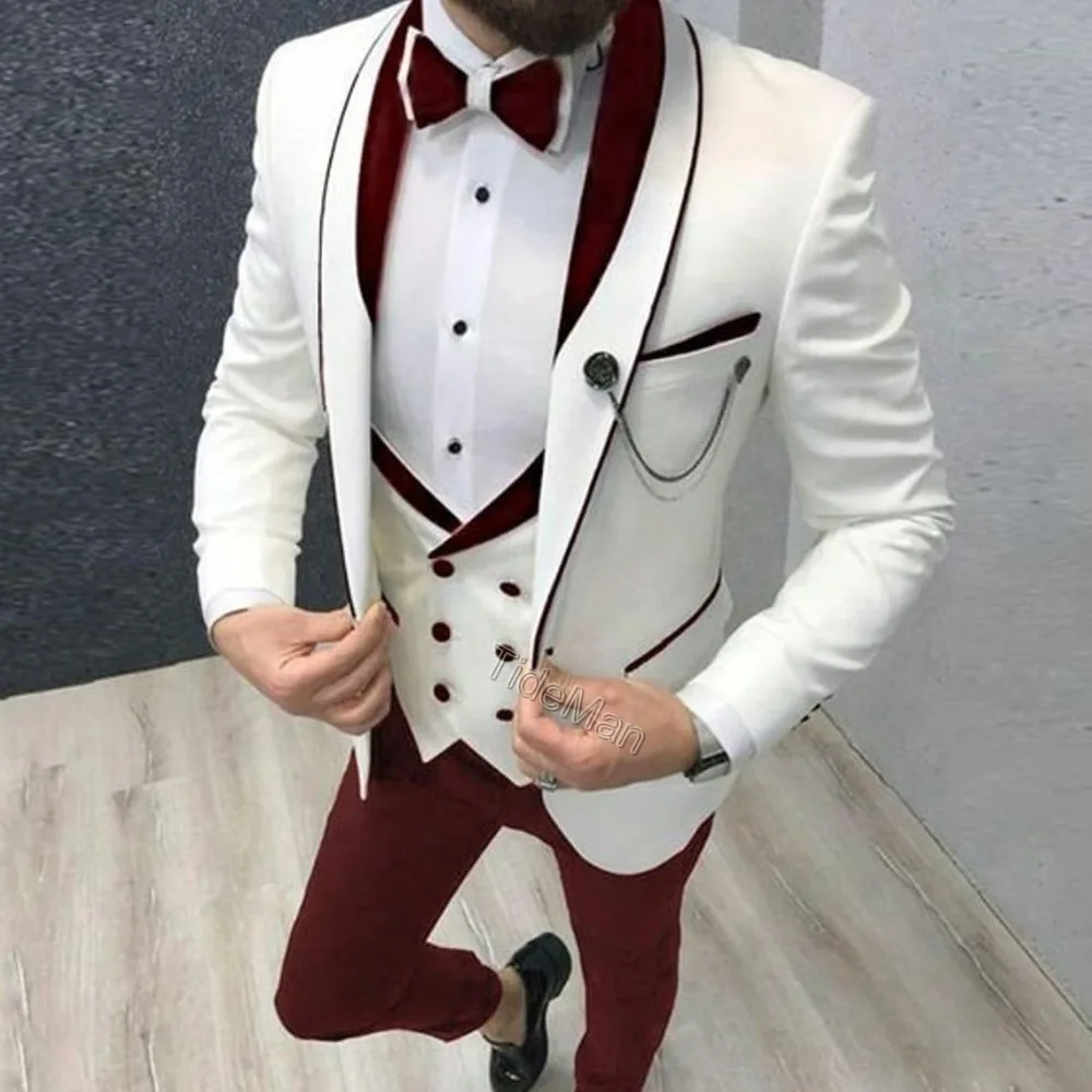 357-2TideMan Latest Coat Wedding Men Suit White Male Blazer Custom Groom Best Man Tuxedos Bridegroom Slim Fit Mens Suits Jacket+Pant+Vest - 