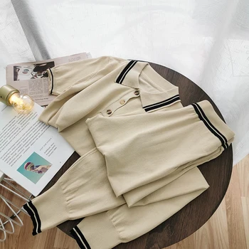 

2020 Spring Kintting Pants Set Women Button Striped Short Sleeve Tops+high Waist Harem Pants Casual Khaki Black 2 Piece Set