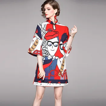 

Personality Character Pattern Print Women Dress Fashion 2020 Summer Short Dress New Style Vintage Red Cheongsam Dresses Clothes
